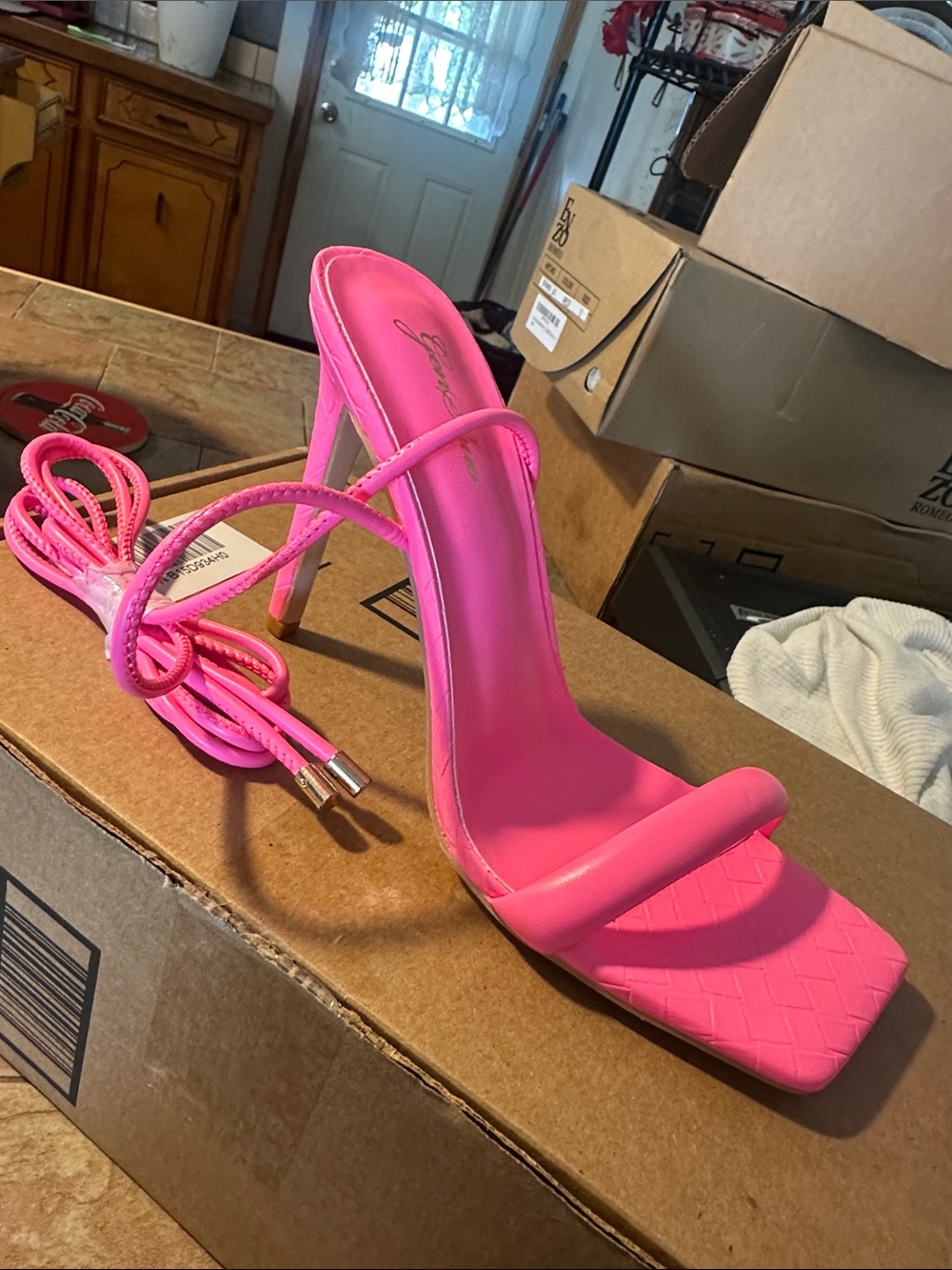 Hot Pink Lace-Up Square-Toe Stiletto Sandals